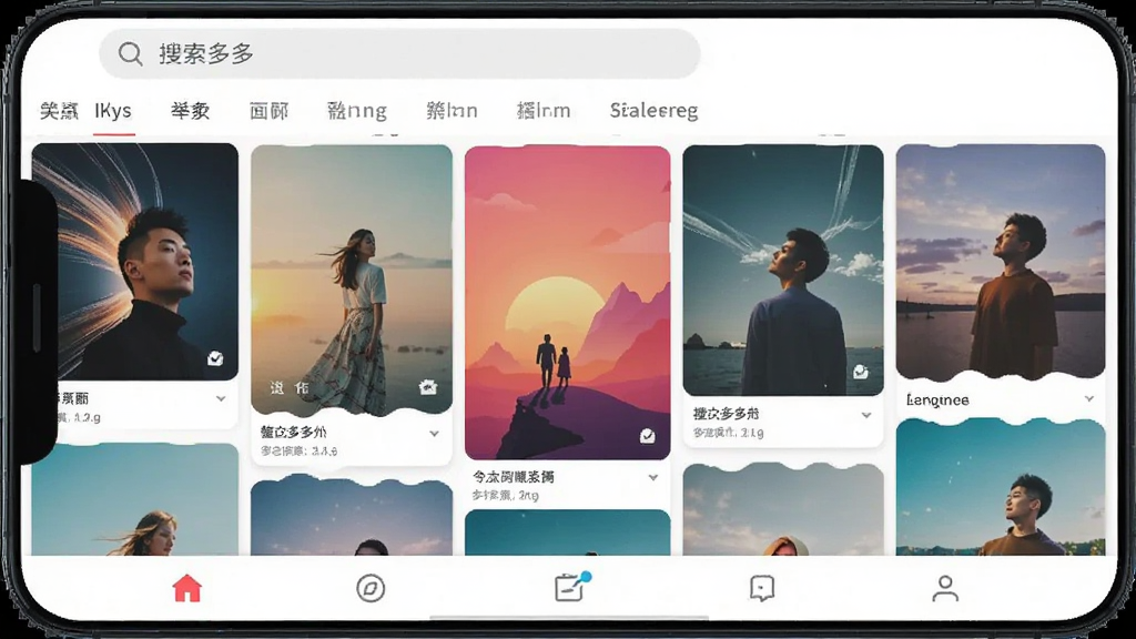 一张展示壁纸多多应用主界面的手机屏幕截图,画面中央是瀑布流壁纸列表,上方有搜索框和分类标签,底部有导航栏,整体风格简洁明快,色彩丰富但排版干净,画质清晰,无多余元素