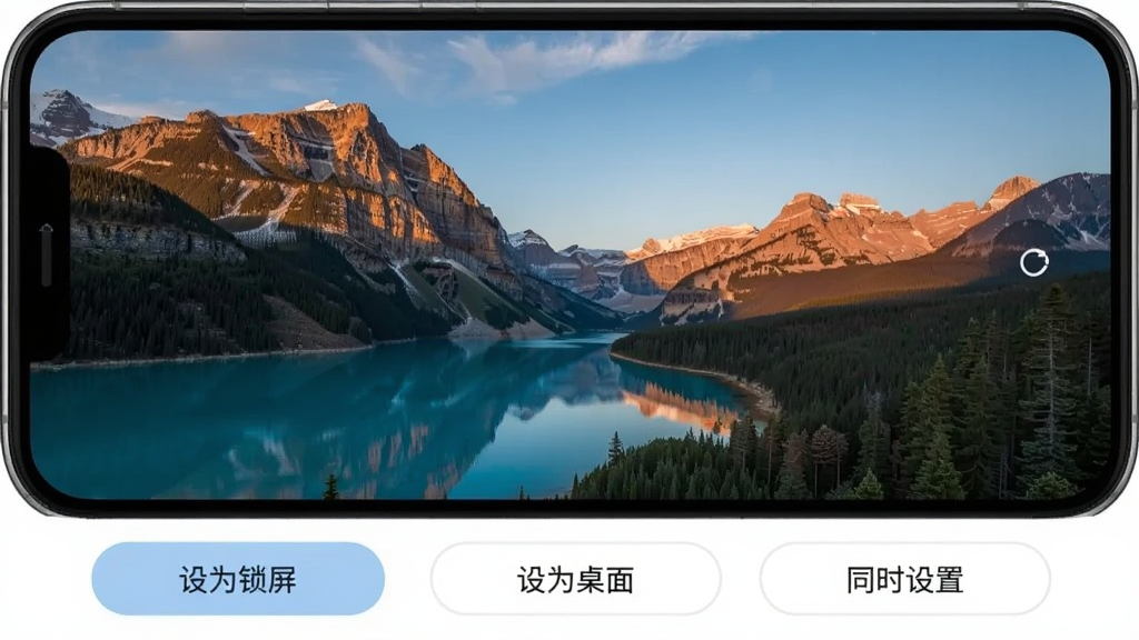壁纸多多应用内壁纸设置界面,画面中手机屏幕显示一张风景壁纸,下方有“设为锁屏”“设为桌面”“同时设置”三个按钮,界面简洁直观,画质干净清晰