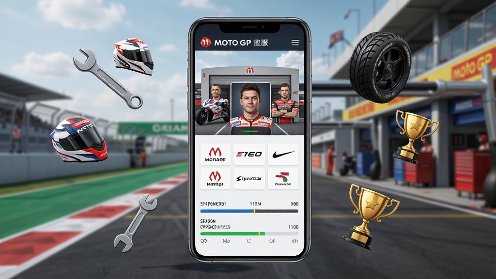 画面中央是一部竖屏手机,屏幕内显示MotoGP车队经理模拟国际服安装器的游戏主界面,界面布局包含车队车库、车手头像、赞助商标志和赛季进度条,手机周围漂浮着扳手、头盔、轮胎和奖杯图标,背景是赛道与维修区,风格写实科技感,细节清晰,画质干净,无多余元素