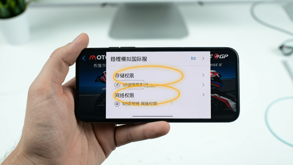 画面是一只手拿着手机,手机屏幕显示MotoGP车队经理模拟国际服安装器的权限设置页面,页面中“存储权限”和“网络权限”被高亮圈出,背景是简洁的桌面环境,风格清新浅色,细节清晰,画质干净,无多余元素
