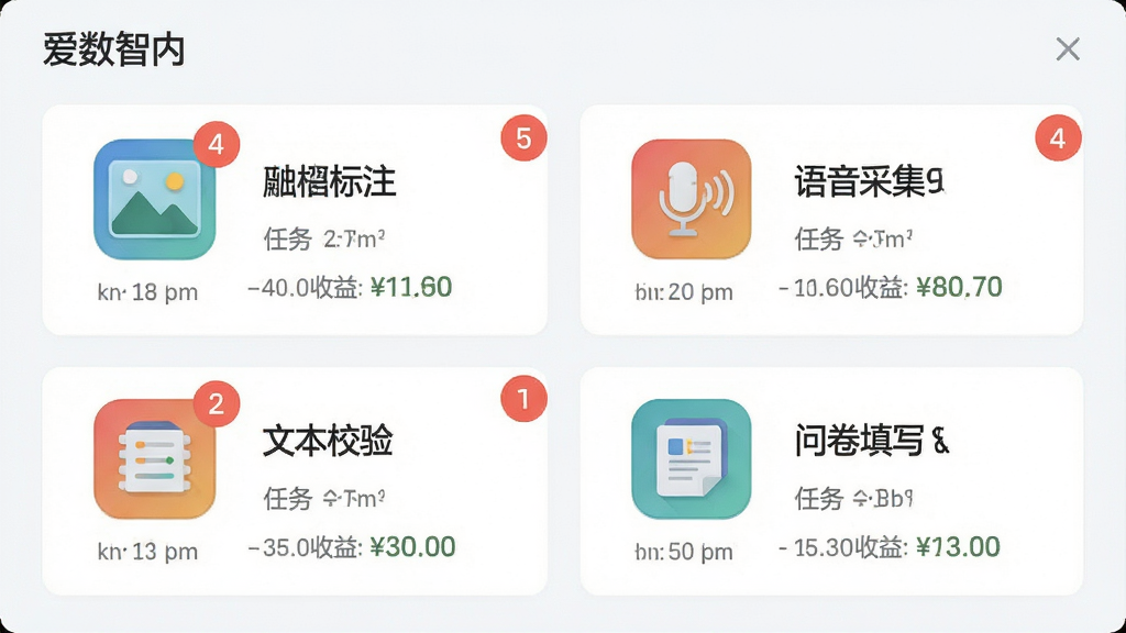 画面展示爱数智应用内任务类型选择页面,页面中排列着图像标注、语音采集、文本校验、问卷填写四类任务图标,每个图标下方标注任务数量和预估收益,布局为网格排列,风格为清新浅色扁平设计,细节包括彩色任务图标和数字角标,画质清晰,干净,无多余元素