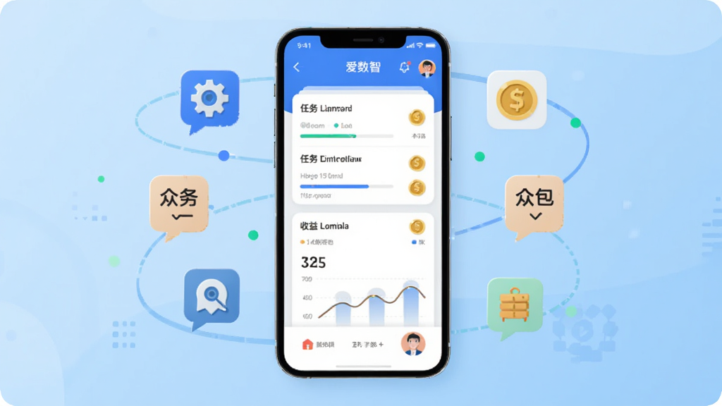 画面中央展示一部智能手机,屏幕显示爱数智应用主界面,界面中包含任务列表卡片和收益统计图表,手机周围环绕着数据标注图标和众包任务标识,背景为浅蓝色科技感渐变,布局采用居中构图,风格为扁平化UI插画,细节包括任务进度条、金币图标和用户头像,画质清晰,干净,无多余元素