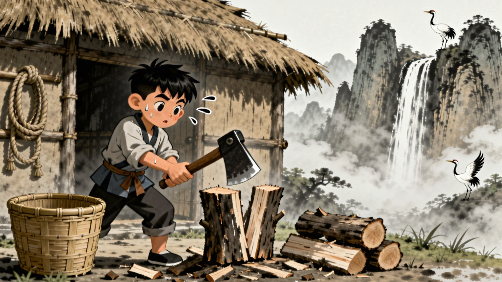 一位少年在简陋的茅草屋前挥舞柴刀劈柴,身旁放着竹篓和绳索,远处是巍峨的仙山和飞流的瀑布。布局为横版,左侧是茅草屋和少年,右侧是仙山瀑布。风格为国风水墨,细节包括木柴纹理、汗珠、仙鹤、云雾。画质高清,干净,无多余元素。