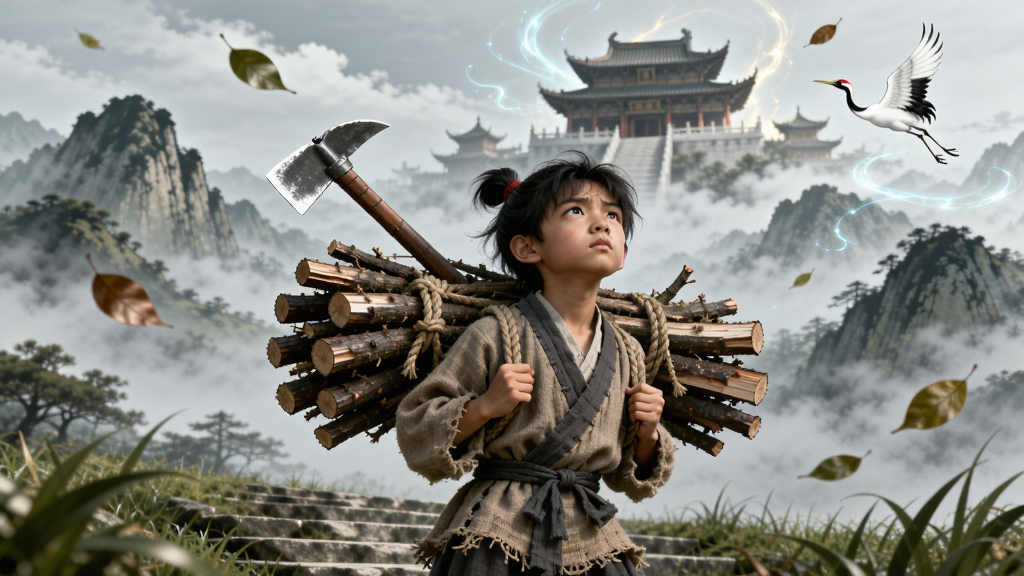 画面中央是一位身穿粗布麻衣的少年,背着一捆柴火站在云雾缭绕的青山脚下,远处隐约可见仙宫楼阁,少年抬头仰望天空,眼神坚毅。布局采用竖版构图,上方三分之一为天空和仙宫,中间为山峦和少年,下方为石阶和草丛。排版以人物为视觉中心,背景层次分明。风格为中国风水墨仙侠,细节包括柴刀、绳索、飘落的树叶、仙鹤、灵光。画质高清,干净,无多余元素。