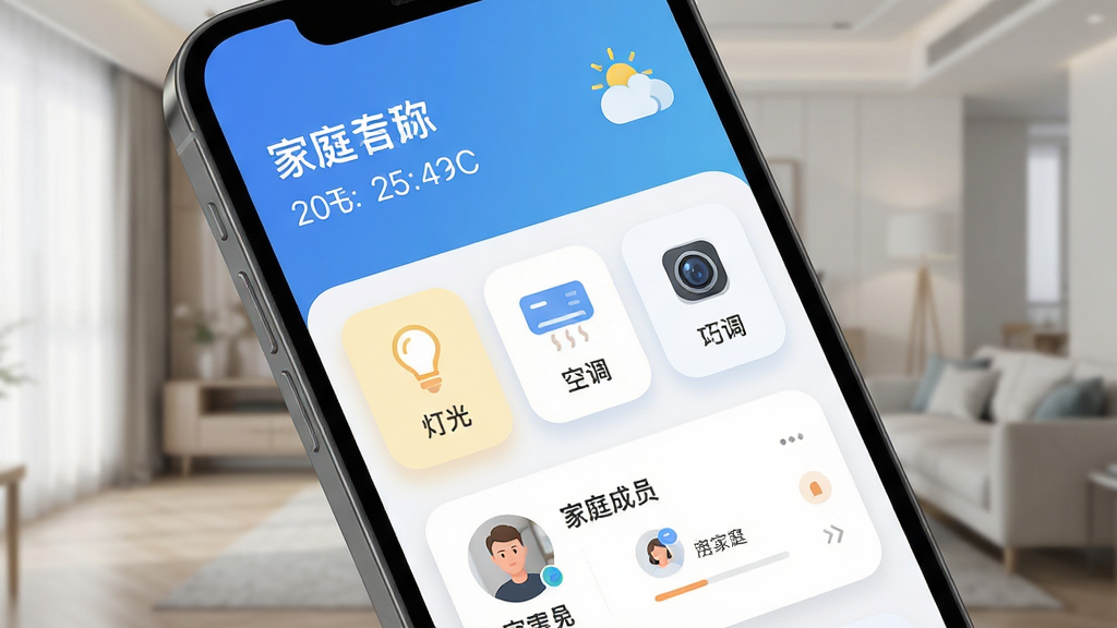 家宝兔智能家居控制界面,主体为手机屏幕显示全屋设备控制面板,布局为上方显示家庭名称与天气信息,中部为设备卡片式排列包含灯光、空调、摄像头图标,下方为家庭成员互动入口,排版简洁清晰,风格为现代科技感扁平化设计,细节包含圆角图标与柔和阴影,画质高清,干净,无多余元素