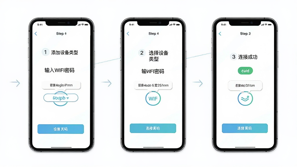 家宝兔移动端设备添加流程示意图,主体为手机屏幕显示添加设备向导,布局为分步展示选择设备类型、输入WiFi密码、连接成功三个画面,排版横向排列,风格为简洁教程风格,细节包含步骤序号与操作按钮,画质高清,干净,无多余元素