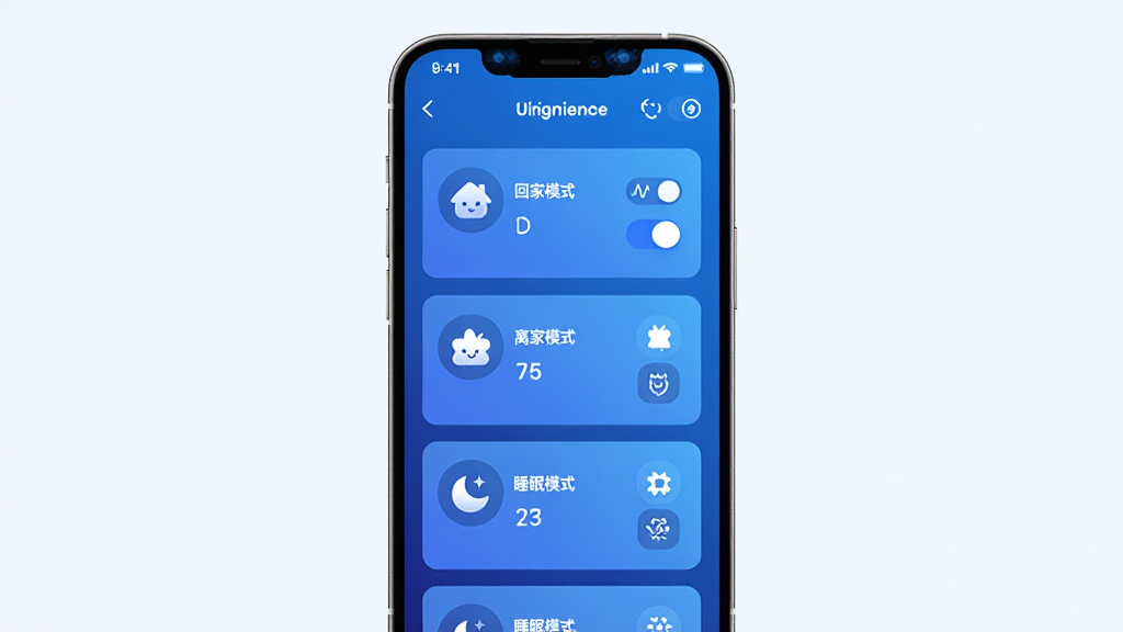 家宝兔智能场景设置界面,主体为手机展示场景卡片列表,布局为纵向排列包含回家模式、离家模式、睡眠模式图标,排版简洁,风格为科技蓝渐变设计,细节包含场景开关与条件设置图标,画质高清,干净,无多余元素