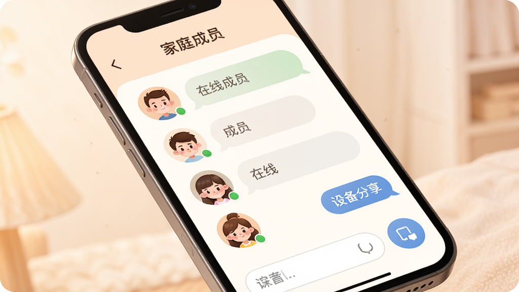 家宝兔家庭互动界面,主体为手机显示家庭成员头像列表与消息气泡,布局为上方群组名称,中部成员列表,下方聊天输入框,排版清晰,风格为温馨柔和色调,细节包含在线状态标识与设备分享按钮,画质高清,干净,无多余元素