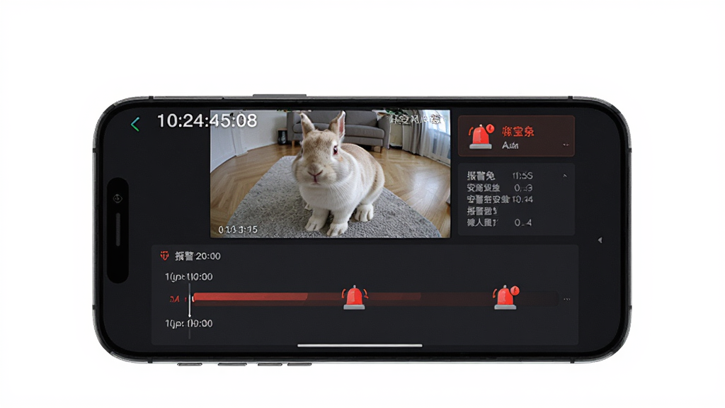 家宝兔安防监控界面,主体为手机显示摄像头实时画面与报警记录,布局为上方视频画面,下方报警时间线,排版清晰,风格为深色安全主题,细节包含时间戳与报警图标,画质高清,干净,无多余元素