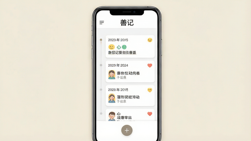 一张展示善记软件主界面的手机样机图,画面中央是一部竖屏智能手机,屏幕上显示善记应用的首页,顶部有“善记”文字标识,中间是时间轴形式的笔记卡片列表,卡片上带有日期、心情图标和简短文字摘要,底部有圆形加号按钮,背景为浅米色,整体风格清新简约,排版干净,画质清晰,无多余元素