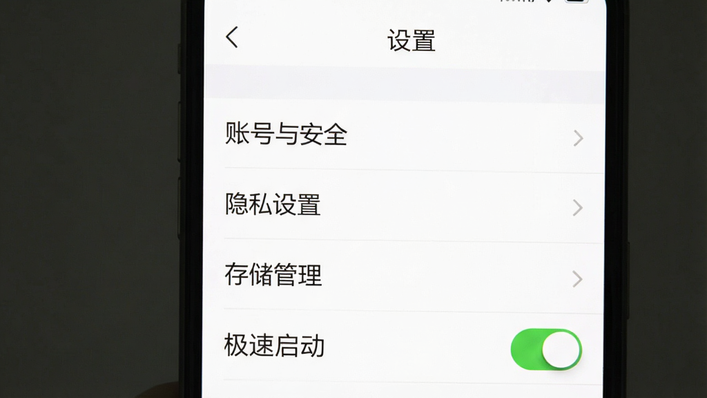 一张展示善记应用设置界面的手机截图,屏幕上方有“设置”标题,下方列表包含“账号与安全”“隐私设置”“存储管理”“极速启动”等选项,其中“极速启动”开关呈开启状态,界面风格简洁,背景为纯白色,字体清晰,画质干净,无多余元素