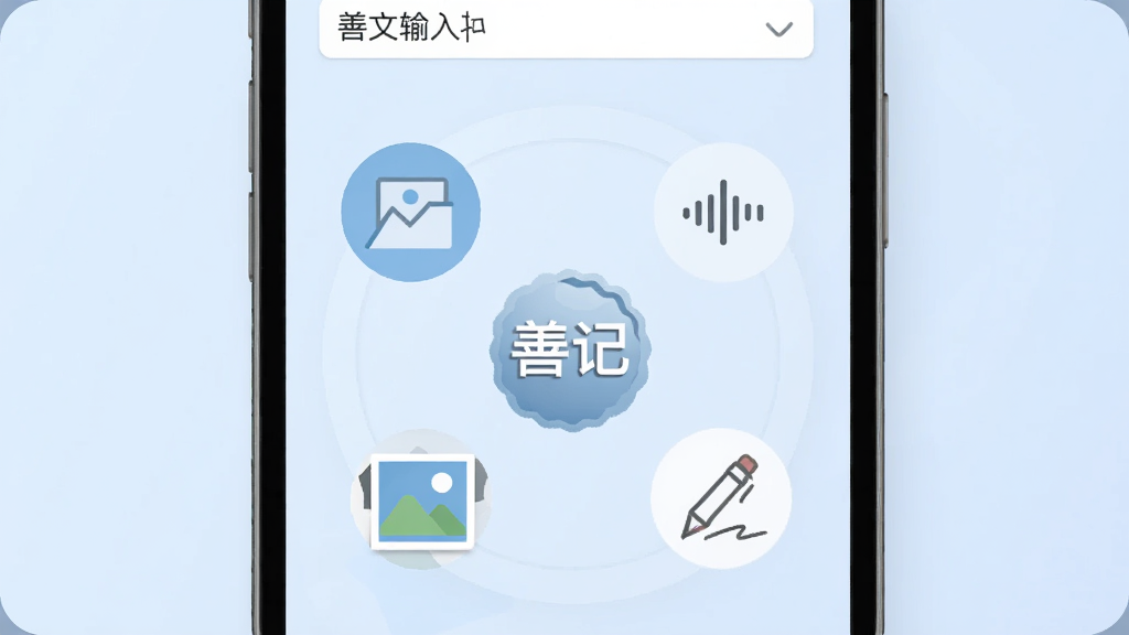 一张展示善记多维度记录功能的示意图,画面主体为一部手机屏幕,屏幕上同时展示文字输入框、语音波形图标、图片缩略图和手绘笔工具图标,四个图标围绕屏幕中央的“善记”Logo呈环形排列,背景为柔和的浅蓝色渐变,风格扁平化,细节清晰,画质干净,无多余元素