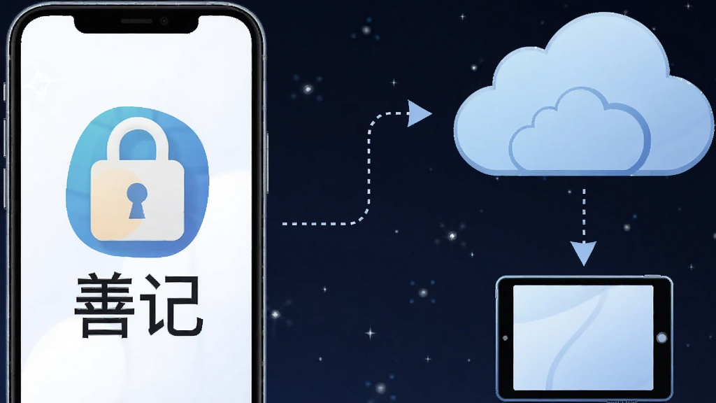 一张表现善记隐私加密与云同步概念的插画,画面左侧是一部手机,屏幕上有锁形图标和“善记”文字,右侧是一朵云彩,云彩下方连接着平板电脑图标,中间有虚线箭头表示数据同步,背景为深蓝色星空,风格科技感,细节精致,画质清晰,无多余元素