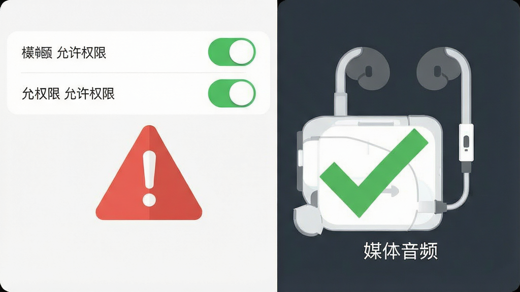 一张手机屏幕截图风格图片,画面中显示一个红色警告三角形图标与一个绿色对勾图标并列,左侧是设置菜单中的权限开关,右侧是耳机连接示意图,风格为扁平化信息图,细节包含文字标注