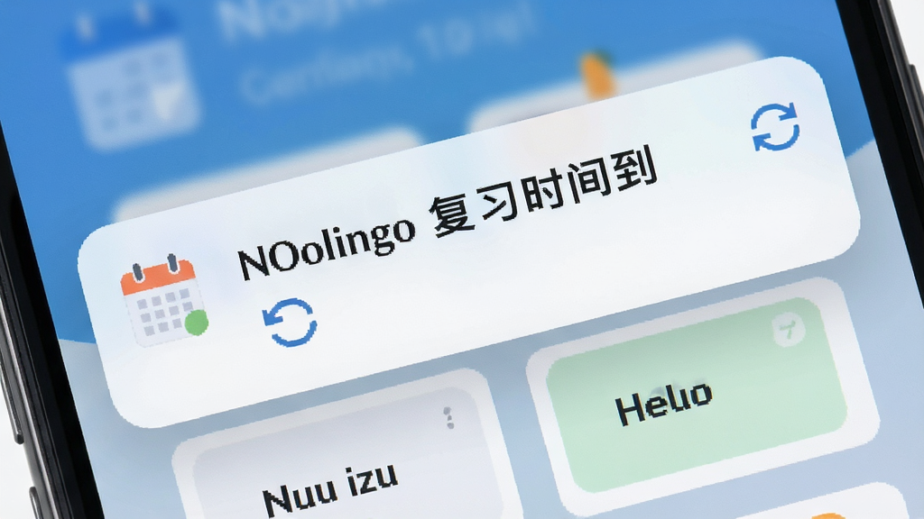 一幅展示Noolingo智能复习系统的生图,画面主体是手机通知弹窗,弹窗内写有