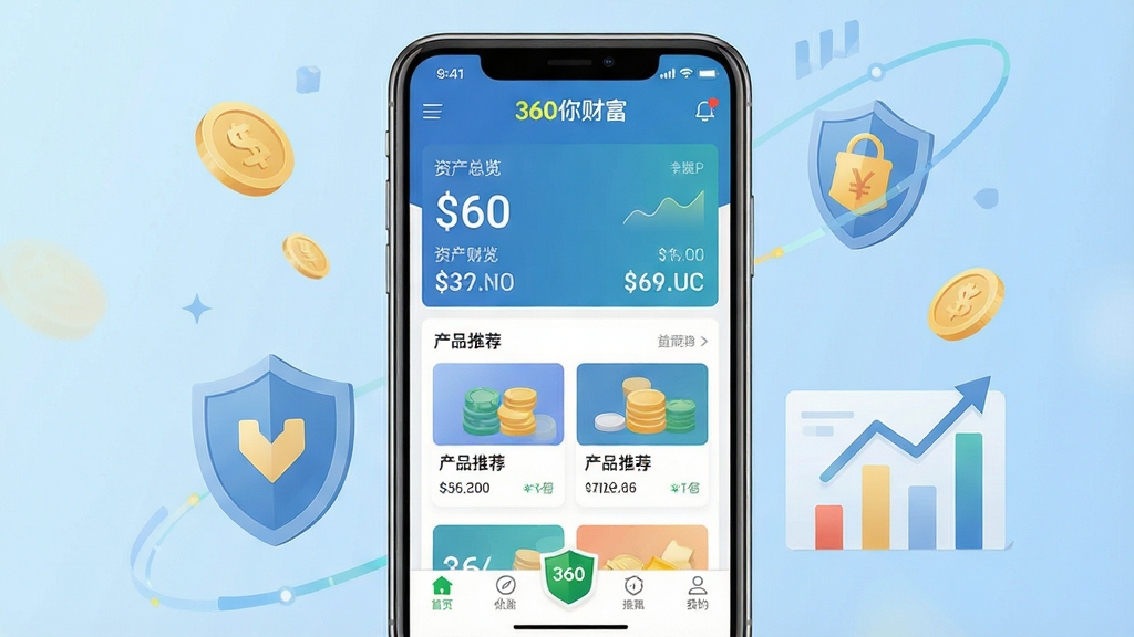一张展示360你财富手机应用主界面的详细图片,画面中央放置一部智能手机,手机屏幕显示360你财富APP的首页,包含资产总览、产品推荐和底部导航栏。背景为浅蓝色渐变,周围环绕金币、盾牌、图表等元素。布局采用居中构图,风格为现代扁平化科技风,细节上屏幕内容清晰可见,文字标注“360你财富”在顶部。画质高清,干净整齐,无多余元素。