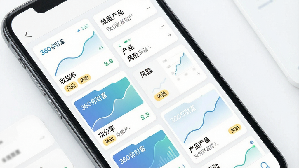 一张展示360你财富理财超市页面的概念图,画面主体为手机屏幕,屏幕中展示多种理财产品卡片,每张卡片上有收益率曲线和风险标签。布局采用网格排列,风格为清新简约的金融科技风,细节包括卡片上的“360你财富”标识和产品名称。画质高清,干净整齐,无多余元素。
