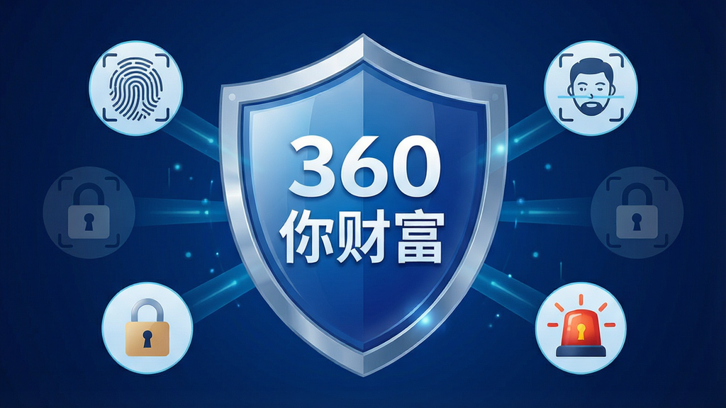 一张展示360你财富安全防护功能的示意图,画面中心为一个大盾牌,盾牌上写有“360你财富”字样,盾牌周围环绕指纹识别、面部识别、加密锁、警报灯等图标。布局采用放射状构图,风格为科技安全风,细节上盾牌表面有光泽感,背景为深蓝色。画质高清,干净整齐,无多余元素。