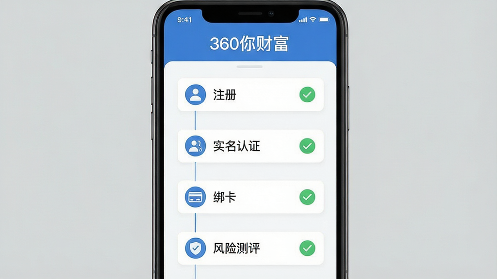 一张展示360你财富新手操作指引的图片,画面为手机屏幕截图风格,屏幕中显示开户流程步骤条,包含“注册”“实名认证”“绑卡”“风险测评”四个节点,每个节点旁有对勾图标。布局为纵向排列,风格为扁平化教程风,细节上屏幕顶部写有“360你财富”标题。画质高清,干净整齐,无多余元素。