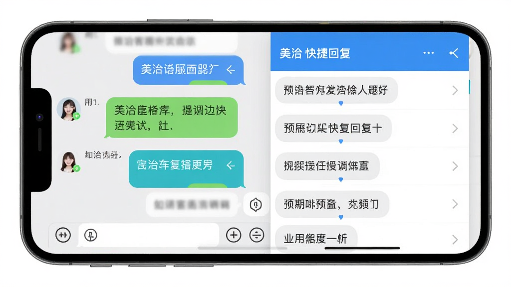 美洽客服快捷回复与知识库功能截图,展示手机屏幕左侧为聊天窗口,右侧弹出快捷回复列表,列表内有多条预设话术,界面风格清新,布局合理,画质清晰,干净无多余元素