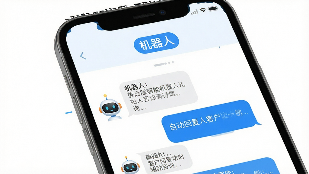 美洽客服智能机器人辅助功能界面,展示手机屏幕中机器人自动回复客户咨询,屏幕上方有“机器人”标识,下方显示对话气泡,背景为纯白,风格简洁,画质清晰,干净无多余元素