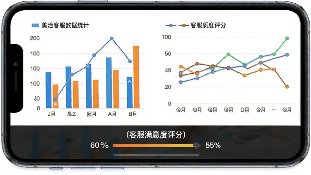 美洽客服数据统计与质检功能展示图,画面为手机屏幕显示柱状图与折线图,图表颜色鲜艳,数据清晰,底部有客服满意度评分,风格商务,布局规整,画质清晰,干净无多余元素