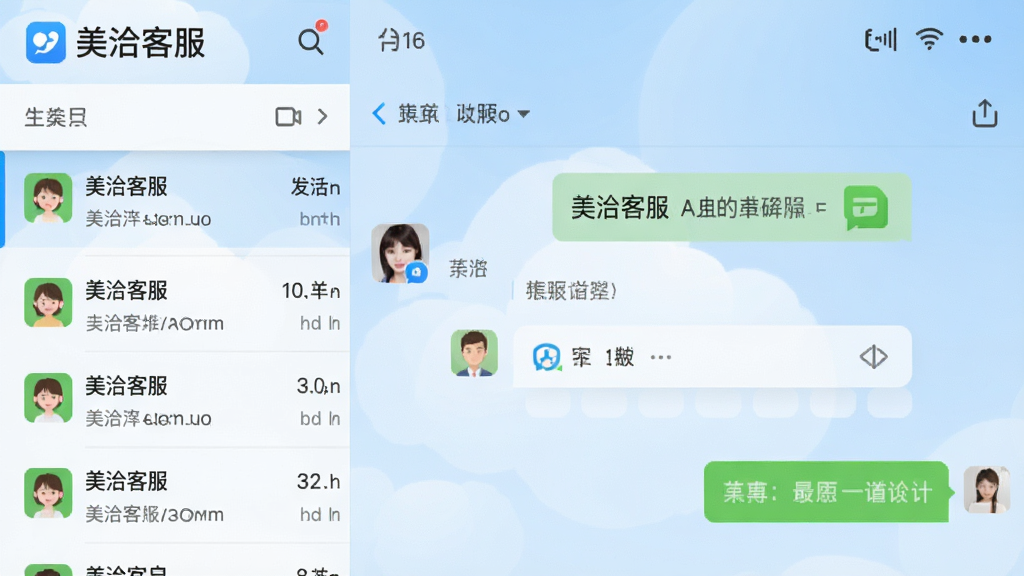 美洽客服安卓版应用主界面截图,展示左侧会话列表与右侧聊天窗口,界面简洁现代,顶部显示“美洽客服”品牌Logo,背景为浅蓝色渐变,风格清爽商务,画质清晰,干净无多余元素
