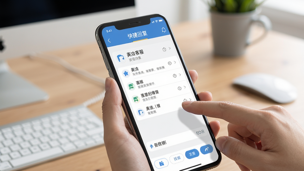 美洽客服移动端操作界面示意图,展示手机屏幕中客服正在使用快捷回复功能,画面中有手指点击动作,背景为办公桌环境,风格真实,布局自然,画质清晰,干净无多余元素