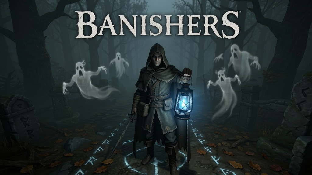一张展示Banishers游戏主界面的图片,主体为一位身穿暗色斗篷的驱灵者手持发光提灯站在雾气弥漫的森林小径上,布局采用中心构图突出人物,排版为横版游戏封面风格,风格偏向黑暗奇幻写实,细节包括提灯散发幽蓝光芒、周围漂浮着半透明幽灵轮廓、地面散落枯叶与古老符文,画质高清,干净,无多余元素