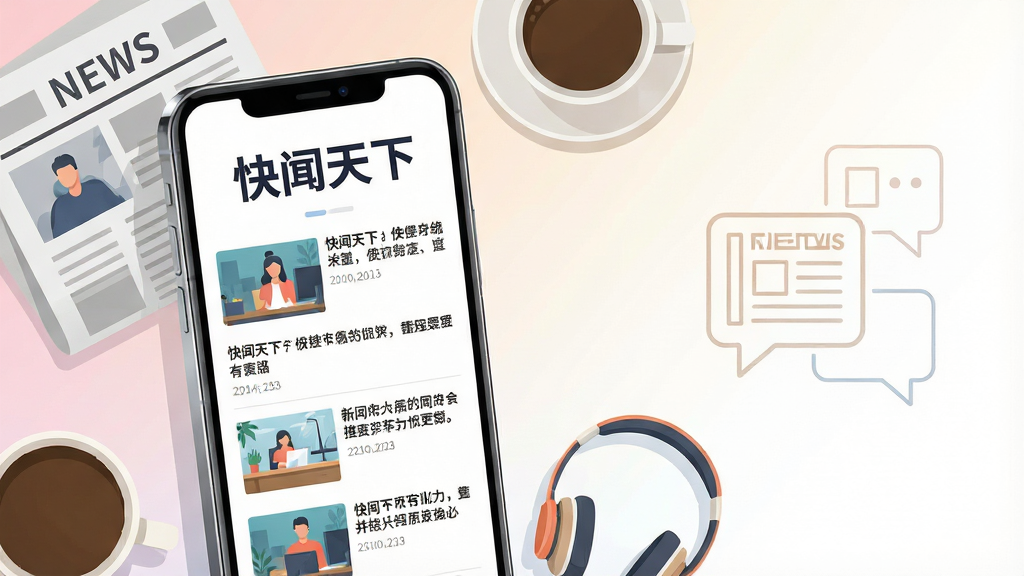 一张展示手机新闻资讯应用的场景图,画面中央是一部竖屏智能手机,屏幕上显示着简洁的新闻列表界面,顶部有“快闻天下”四个大字的应用标题,列表中有多张新闻配图和标题文字,手机周围环绕着报纸、咖啡杯和耳机等生活物件,整体布局为横向构图,手机居中偏左,右侧留白处用浅色线条勾勒出新闻气泡图标,风格为现代扁平化插画风,细节包括手机边框的高光、屏幕内文字的清晰排布、背景的柔和渐变,画质清晰干净,无多余杂乱元素。