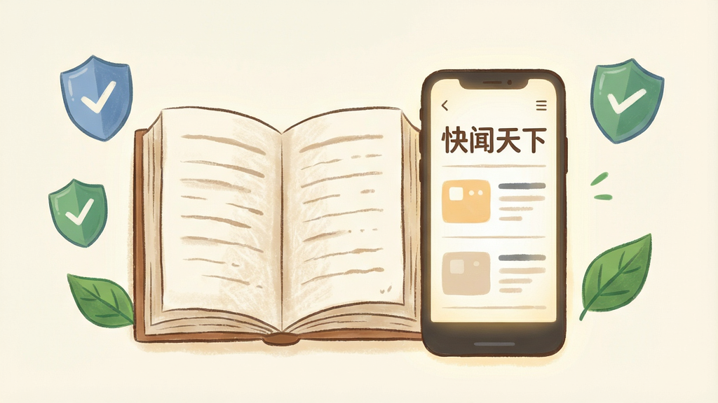 一张体现手机新闻应用纯净阅读体验的插画,画面主体是一本打开的书与一部手机并排放置,手机屏幕上显示着“快闻天下”的新闻阅读界面,周围有盾牌和绿叶图标象征安全与清新,布局为左右对称构图,书本在左手机在右,背景为米白色,风格为简约温馨手绘风,细节包括书页的纹理、手机屏幕的柔和背光、盾牌上的对勾符号,画质干净柔和,无多余元素。