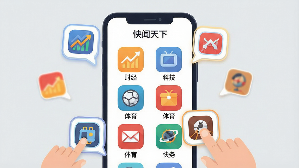 一张展示多频道新闻订阅界面的手机应用截图风格插画,画面中央是一部手机,屏幕内显示网格状排列的频道图标,每个图标下方有文字标签如“财经”“科技”“体育”等,手机顶部有“快闻天下”字样,周围漂浮着几个被手指点击的频道气泡,布局为居中构图,手机垂直放置,背景为浅灰色,风格为清新扁平化UI插画,细节包括图标的圆角处理、频道标签的清晰字体、点击气泡的高亮描边,画质干净明亮,无多余装饰。