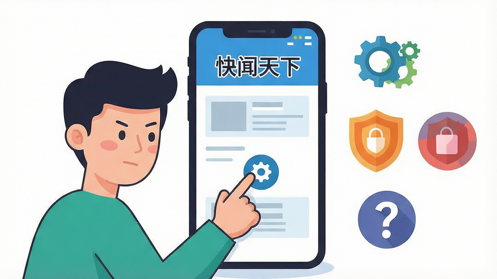 一张展示手机新闻应用新手使用场景的插画,画面主体是一部手机,屏幕中显示“快闻天下”的阅读界面,旁边有一位卡通人物正用手指点击屏幕上的设置图标,周围有齿轮、盾牌和问号图标分别代表设置、安全和帮助,布局为左中右横向排列,人物在左手机在中图标在右,风格为扁平化卡通插画,细节包括人物表情的专注、手机屏幕的清晰界面、图标颜色的区分,画质干净明快,无多余元素。