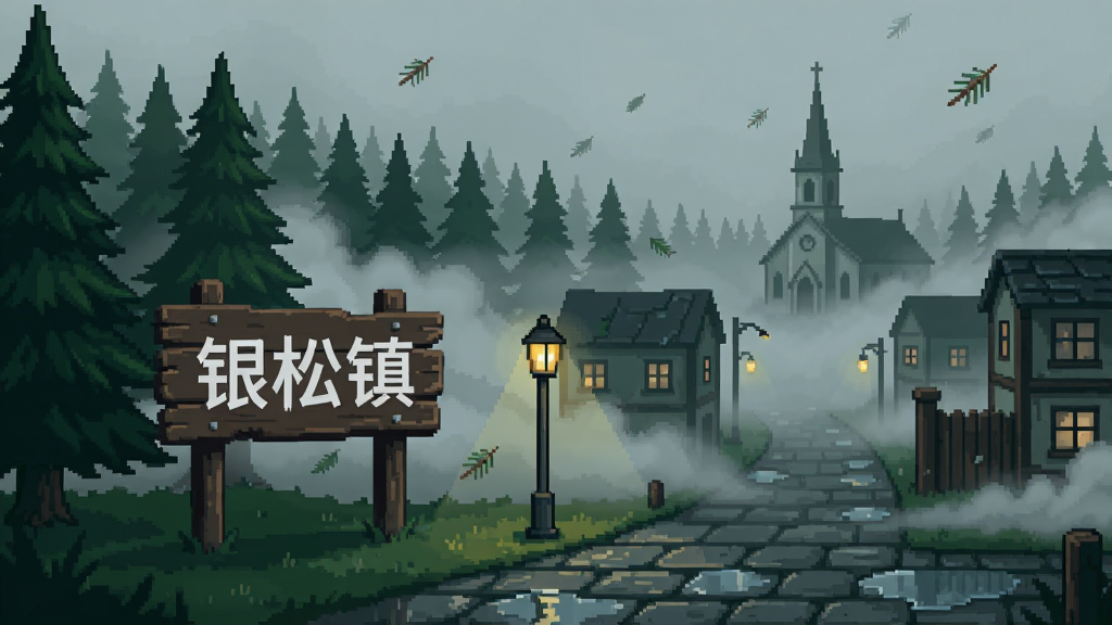 一幅以“银松镇PC电脑版”为主题的横版游戏场景插画,画面主体是一座被灰白色浓雾环绕的偏远小镇,镇口立着一块斑驳的木制路牌,上面用白色油漆写着“银松镇”三个字,背景是层层叠叠的深绿色松树林与远处若隐若现的教堂尖顶,前景有一盏昏黄的路灯照亮潮湿的石板路,整体采用暗绿色与灰蓝色调,像素手绘风格,画面布局左侧为松林与路牌、右侧为小镇街道入口、上方留出雾蒙蒙的天空,细节包含路面积水反光、窗户内透出微弱灯光、飘落的松针,画质清晰干净,无多余元素。