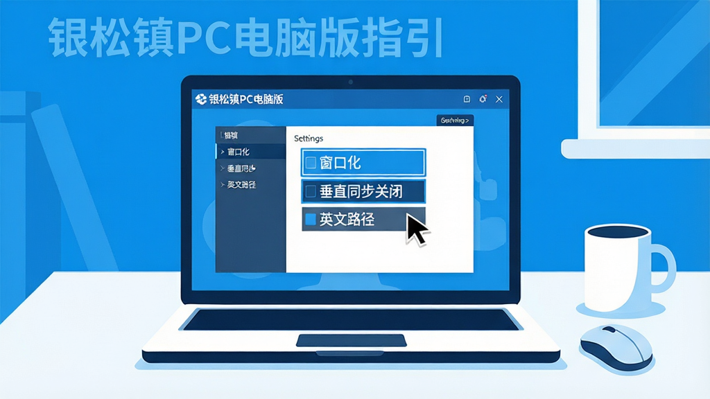 一幅以“银松镇PC电脑版”新手操作指引为主题的插画,画面主体是一台打开的笔记本电脑屏幕,屏幕上显示银松镇PC电脑版的游戏设置菜单界面,菜单中高亮标注“窗口化”“垂直同步关闭”“英文路径”等选项,电脑旁边放着一只鼠标和一个马克杯,背景是简洁的书桌桌面,整体采用明亮清晰的蓝白配色,扁平化插画风格,布局上电脑居中、周围留出适当空间,细节包含屏幕上的菜单文字用方框圈出、鼠标指针停在设置选项上,画质清晰干净,无多余元素。