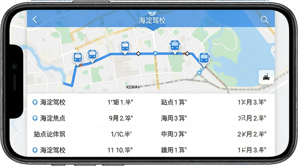 一张手机应用界面的图片,展示海淀驾校App的班车查询功能,屏幕上显示地图路线和班车图标,下方是各站点名称和预计到达时间列表,整体风格简洁实用,画质清晰干净,图片中文字标注“海淀驾校”