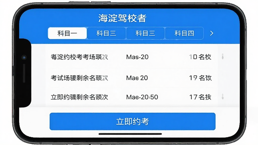 一张手机屏幕截图风格的图片,展示海淀驾校App的考试约考页面,页面上方显示科目一至科目四的标签切换栏,中间是考试场次列表和剩余名额,底部有“立即约考”按钮,整体配色以蓝白为主,风格清爽,画质清晰,图片中文字标注“海淀驾校”