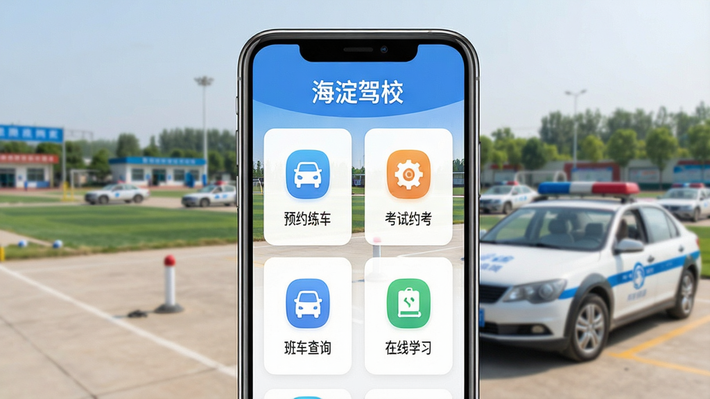 一张展示智能手机屏幕的图片,屏幕上显示海淀驾校App的主界面,界面中包含预约练车、考试约考、班车查询、在线学习等功能模块图标,背景是驾校训练场地和教练车的实景照片,整体风格简洁明亮,画质清晰干净,无多余元素,图片中文字标注“海淀驾校”