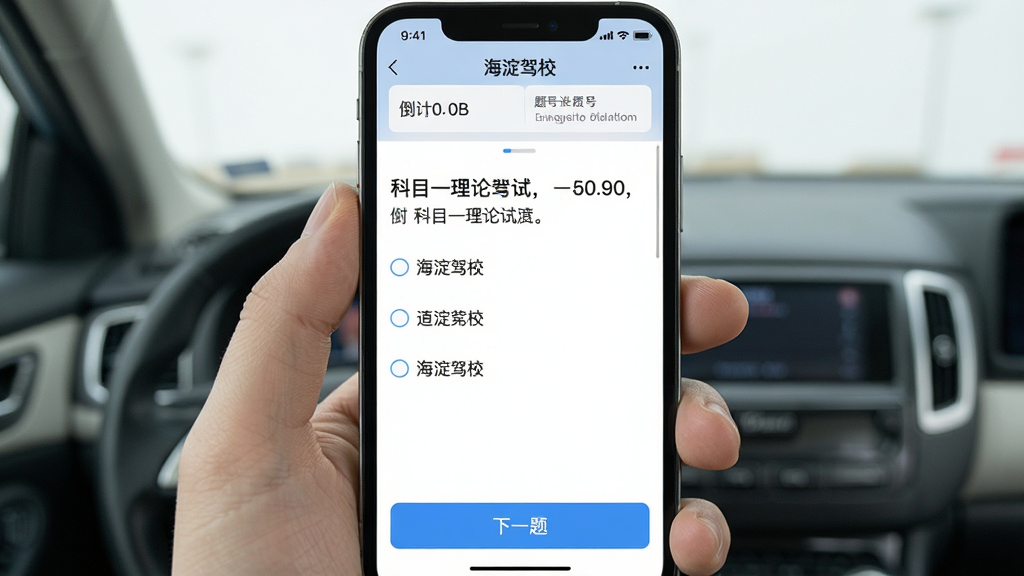 一张手机屏幕截图风格的图片,展示海淀驾校App的在线学习页面,屏幕中央是一道科目一理论考试题目和四个选项,上方显示倒计时和题号进度,下方有“下一题”按钮,整体风格清爽,画质干净,图片中文字标注“海淀驾校”