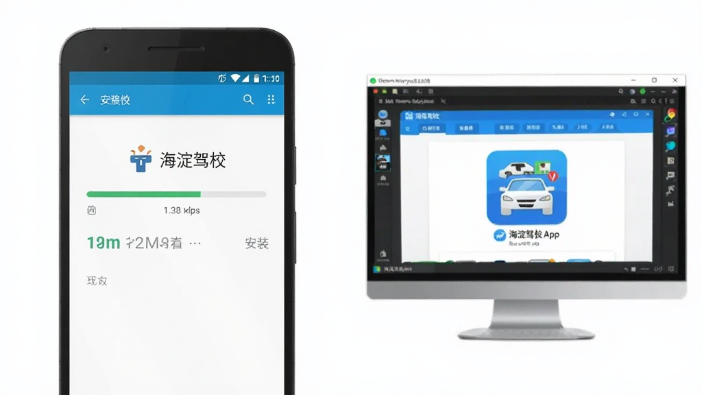 一张展示安卓手机安装界面和电脑模拟器运行海淀驾校App对比的图片,左侧是手机安装进度条,右侧是电脑模拟器窗口显示应用界面,背景干净,风格简洁,画质清晰,图片中文字标注“海淀驾校”