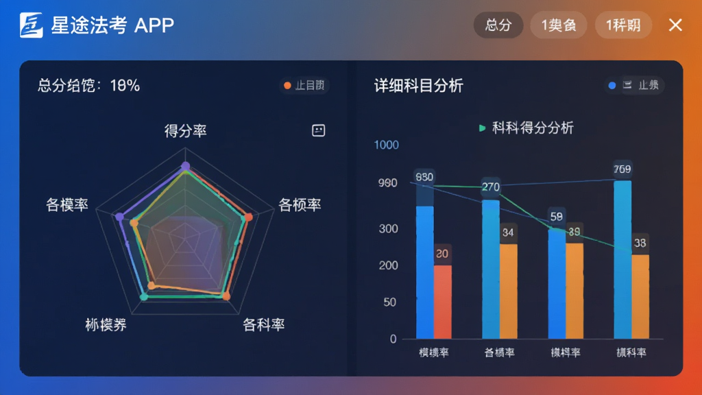 主体为“星途法考”APP的模考成绩分析页面,屏幕上显示着雷达图和柱状图,标注着各科目的得分率。布局为左右分栏,左侧是总分,右侧是详细科目分析。风格为商务数据风,细节上图表颜色对比鲜明,数据标签清晰。背景为纯色渐变。画质高清,画面干净,无多余元素。