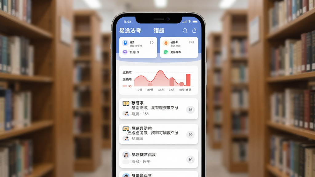 主体为“星途法考”APP的错题本界面,屏幕上展示着错题列表和红色的正确率分析图表。布局为上下结构,上方是数据统计卡片,下方是题目列表。风格为扁平化教育风格,细节上图表色彩柔和,题目卡片有轻微阴影。背景为虚化的图书馆书架。画质清晰,画面干净,无多余元素。