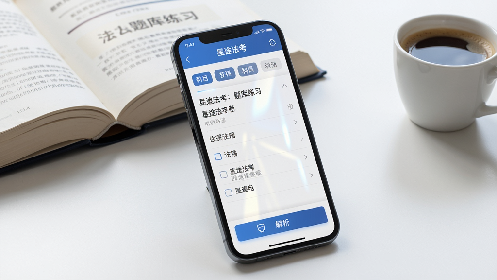 主体为一部智能手机,屏幕中显示“星途法考”APP的题库练习界面,界面排版清晰,上方有科目分类标签,中间是题目与选项,底部有答题卡与解析按钮。布局采用居中构图,手机略微倾斜展示。风格为现代简约科技风,细节上屏幕有轻微反光,背景为干净的书桌桌面,桌上放着一本翻开的法典和一杯咖啡。画质为4K超高清,画面干净,无多余元素。