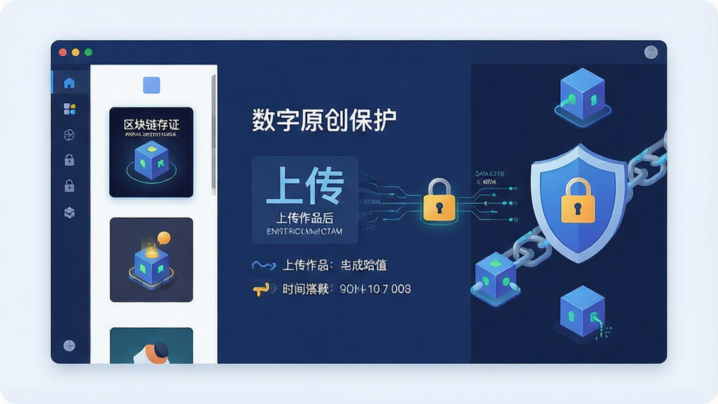 一张展示区块链存证的科技插画,画面主体是数字原创保护软件界面,屏幕中显示上传作品后生成哈希值与时间戳的过程,布局为左右分栏,左侧是作品缩略图,右侧是区块链链条与盾牌图标,风格为现代扁平科技感,细节包含“数字原创保护”文字、数据流线条、锁定图标,画质清晰干净,无多余元素