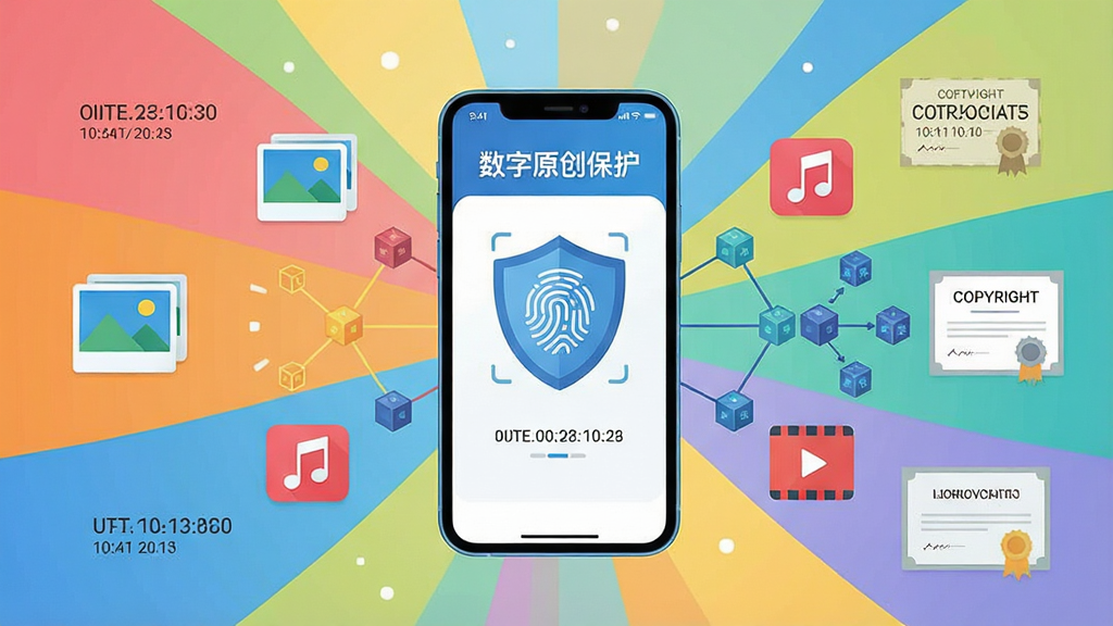 一张展示数字原创保护软件核心全貌的插画,画面中央是一部智能手机,屏幕显示“数字原创保护”应用界面,界面中有盾牌与指纹图案,周围环绕着文字、图片、音乐、视频等作品图标,布局采用中心放射状排版,风格为扁平化科技风,细节包含时间戳、区块链节点连线、版权证书元素,画质清晰干净,无多余元素