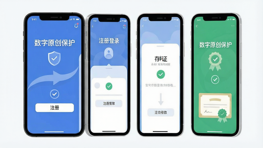 一张展示数字原创保护软件新手操作步骤的引导图,画面主体是手机屏幕显示从注册登录到存证成功的四步流程图,布局为纵向排列的四个手机界面,风格为简洁扁平化教学风,细节包含“数字原创保护”文字、箭头指引、勾选图标、证书图标,画质清晰干净,无多余元素