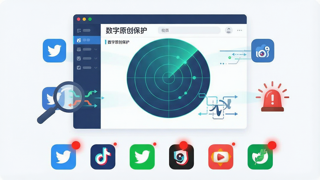 一张展示全网侵权监测功能的插画,画面中数字原创保护软件正在扫描多个社交媒体平台图标,布局为上方是软件界面与雷达扫描动画,下方是多个平台logo与预警红点,风格为简约科技风,细节包含“数字原创保护”字样、放大镜、比对线条、警报图标,画质清晰干净,无多余元素