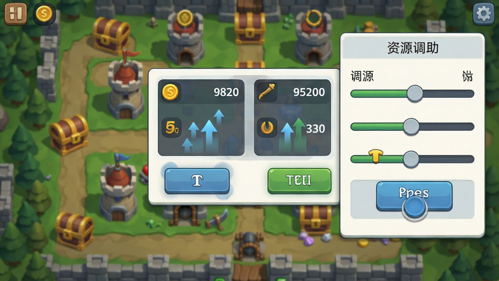 一张展示塔和弓辅助菜单资源管理功能的预览图,画面中央是游戏界面中的资源数值显示区域,旁边有辅助菜单的资源调整滑块和按钮,背景是塔防关卡地图,包含金币图标和资源宝箱元素,布局采用左右分栏式设计,风格为清新游戏界面风格,细节包括数值变化动画和按钮按压效果,画质清晰干净,无多余元素