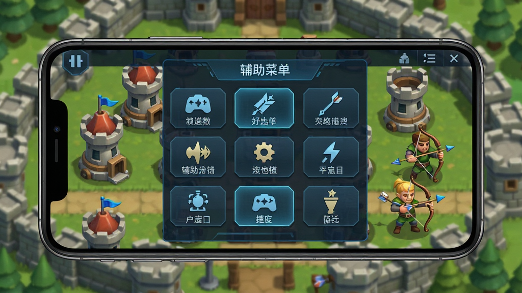 一张展示塔和弓辅助菜单软件主界面的预览图,画面中央是手机屏幕显示游戏辅助菜单面板,面板上有多个功能按钮排列整齐,背景是塔防游戏场景,包含防御塔和弓箭手元素,布局简洁清晰,风格偏向科技感与游戏感结合,细节包括按钮图标和菜单文字,画质清晰干净,无多余元素