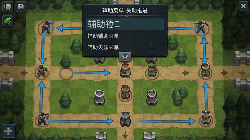 一张展示塔和弓辅助菜单关卡推进功能的预览图,画面主体是游戏关卡地图界面,地图上标注了敌人行进路线和防御塔放置点,辅助菜单悬浮在地图上方显示关卡相关选项,背景是塔防游戏典型的路径场景,风格为策略游戏地图风格,细节包括路线箭头和塔位标记,画质清晰干净,无多余元素